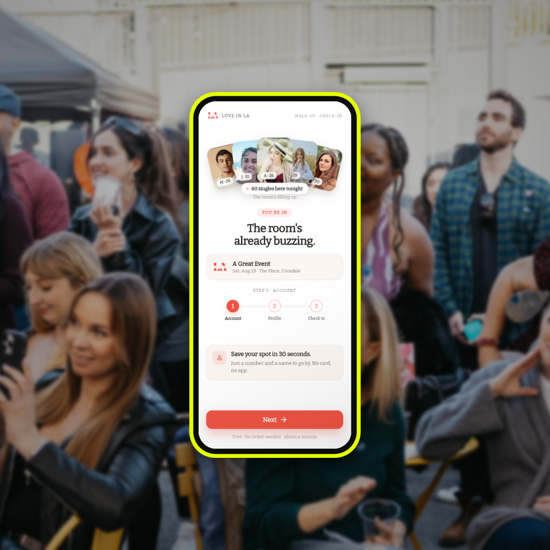 An attendee at an outdoor event holding the walk-up registration screen, showing a live count of who is already checked in
